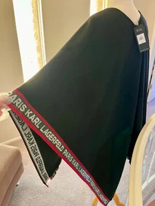 AUTH$159 Karl Lagerfeld Paris Black Poncho Soft Wrap Long Logo at the bottom ONE - Picture 1 of 6