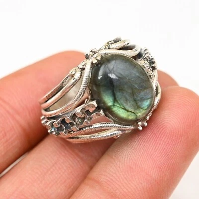 拉长石男式戒指 925 纯银手工声明所有尺寸 BJ291 — 第 1/3 张图片