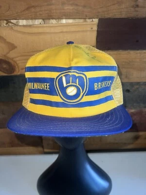 Vintage 80s Milwaukee Brewers MLB Baseball Yellow Autograph Hat MLB Brand - Image 1 of 4