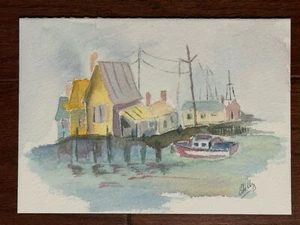 Original Watercolor Painting - The Fishing Village 4x5 3/4”. 300lb Paper - Picture 1 of 5