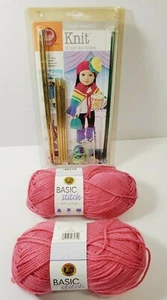 NEW BOYE "I Taught Myself to Knit" Kit for18" Doll & TWO Lion Brand Basic Stitch - Bild 1 von 10
