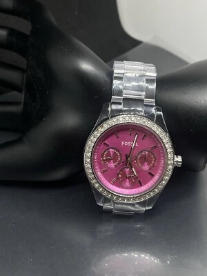 Fossil ES-2604 Pink and Clear Plastic Quartz Analog Women's Watch Needs Battery - Image 1 of 4