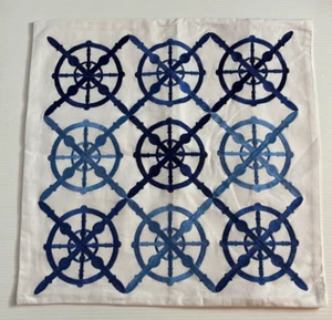 NEW Throw Pillow Cover Embroidery Navy White Captain Ships Wheel Nautical 18" - Picture 1 of 4