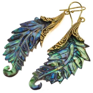 Exquisite Paua Abalone Shell Leaf Hand Carving Brass Filigree Earrings, 2 1/4" - Picture 1 of 4