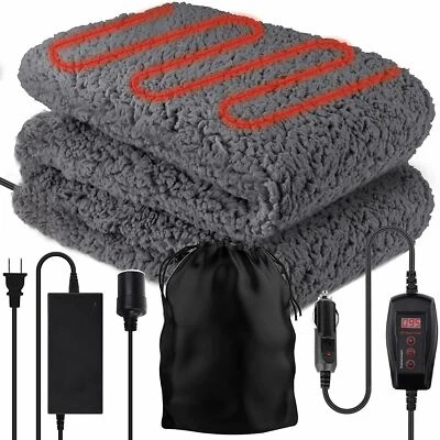 Zone Tech Car Heated Sherpa Fleece Blanket 12V Thermal Throw Home Plug converter