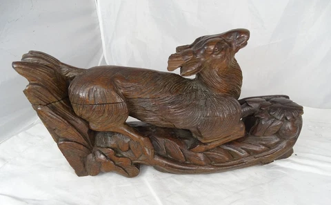 French Antique Large Carved Oak Wood Hunt Theme Sculpture Stag Black Forest Cover