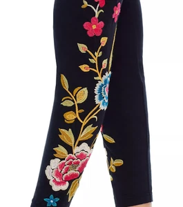 BNWT Johnny Was Celina Floral Embroidered Stretch Cotton Leggings 💖Black XL 115 - Picture 1 of 7