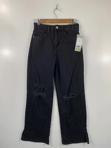 H&M Kids Youth Girls Jeans 14 Solid Black Distressed Wide Leg High Waisted NWT - Picture 1 of 7