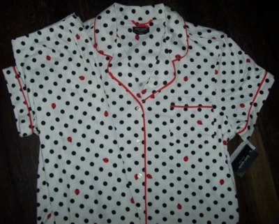 Conjunto de pijama novo com etiquetas Kate Spade ponto branco/preto joaninhas vermelhas malha macia cropped M FOFO - Imagem 1 de 4