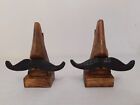 Pair Of Hand Crafted Carved Wood Wooden Moustache Man Bookends Book End Decor