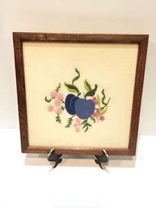 Handmade Embroidery Art Flowers Appliqued Plums Wall Decor Wood Frame 11.5" - Picture 1 of 15