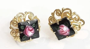 Vintage Hand Painted Pink Roses Earrings, 1950s Floral, Black Scew back sb-66 - Picture 1 of 4