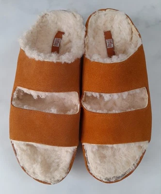FITFLOP SHUV 2 BAR SLIDE SIZE 6.5/40 ALL TAN SUEDE/SHEARLING SLIPPERS VGC — 第 1/4 张图片