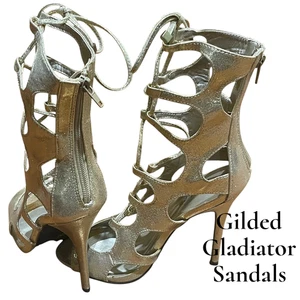 Sandalias de aguja doradas con cordones diosa gladiador - recorte metálico • tacón llamativo - Imagen 1 de 9