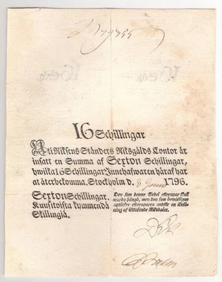 SWEDEN  16 Schillingar  1796  P:A115b  VF+  Riksens Standers Riksgalds Contoir - Image 1 of 2