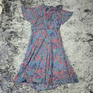 Lauren Ralph Lauren Dress Womens 14 Blue Paisley Tie Neck Flutter Sleeve Midi - Picture 1 of 17