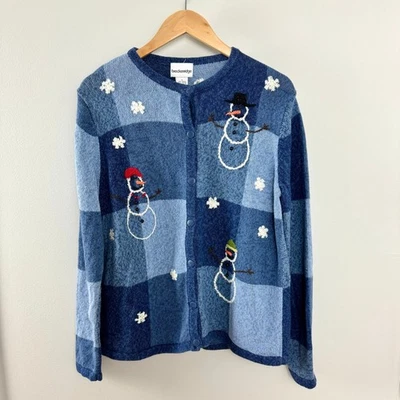 Breckenridge Blue Knit Button Front Snowman Embroidered Sweater Women's M - Image 1 of 4