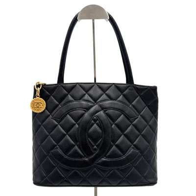 Chanel Caviar Skin Black Medallion Tote Shoulder Bag Large CC Logo - Image 1 of 4