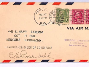 USA AIRSHIP AKRON Air Mail 1931 Cover Kenosha *ROSENDAHL* Signed (Zeppelin)XA88 - Picture 1 of 12