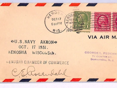 USA AIRSHIP AKRON Air Mail 1931 Cover Kenosha *ROSENDAHL* Signed (Zeppelin)XA88 - Image 1 of 4