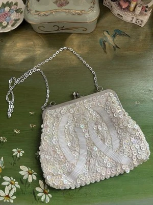 Vintage 50s Ivory Glass Beaded Sequined Dainty Purse Bridal Prom Cocktail Dress - Image 1 of 4