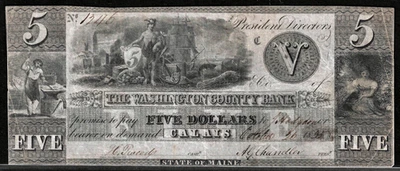 Oct 26, 1835 Calais ME Washington County Bank $5 Dollar Note Obsolete Banknote - Image 1 of 2