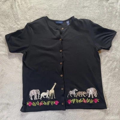 Karen Scott Shirt Women L Black  Safari Animals Embroidered Cottage Core  Flaw* - Image 1 of 4