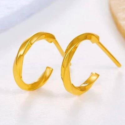 Pure 999 24k Yellow Gold Stud Women Lucky Gift Twist Circle Earrings 1.67g - Image 1 of 4