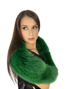 Finn Fox Fur Stole 43" (110cm) Green Color Saga Furs Real Fur Collar Big Scarf