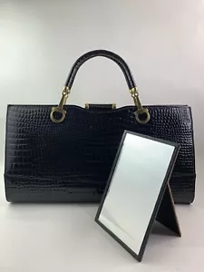 Hilmar Vintage 1960s Black Moc Croc Leather Handbag Suede Lined & Large Mirror - Picture 1 of 23