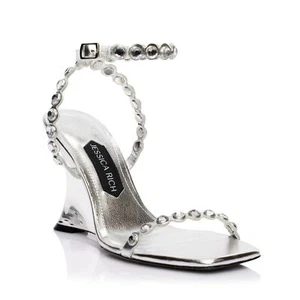 Jessica Rich Diamond Embellished Ankle Strap Wedge Sandal Square Toe Bridal 7/37 - Picture 1 of 13