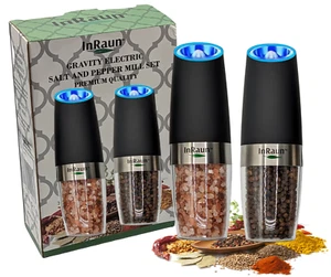 Gravity Electric Salt & Pepper Grinder Set Battery Powered LED Light Black 2psc - Picture 1 of 6