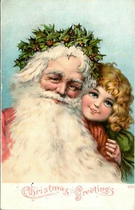 CHRISTMAS GREETINGS - SANTA & LITTLE GIRL - OLD UNDIVIDED BACK POSTCARD - Picture 1 of 2