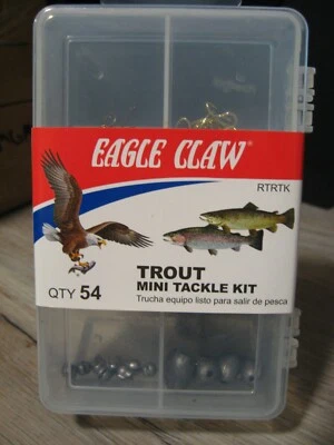 Kit de mini aparejos de pesca de trucha Garra de águila 54 piezas ganchos y hundidores en estuche Plano Foto 1 de 4