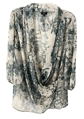 Talbots Women's 14W Top Faux Wrap Twist Teal & Gray Print Semi-Sheer Plus Blouse - Image 1 of 4