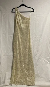 JS Boutique One Shoulder Gold Sequin Long Gown Dress Size 4 - Picture 1 of 10