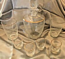 Vintage Bar Decanter Cordial Glass Set Fine Clear Glass etched Gold Rim Mid Cent