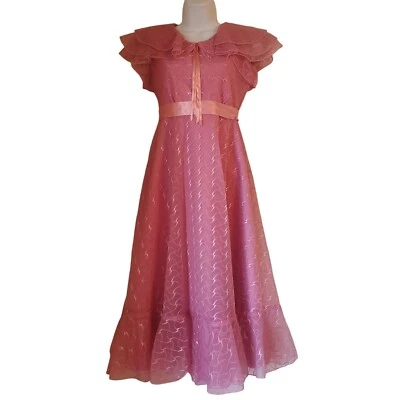 JC Penney 10 Pink Embroidered Vintage Prom Ruffles Bow Cosplay Sheer Overlay Chi - Image 1 of 4