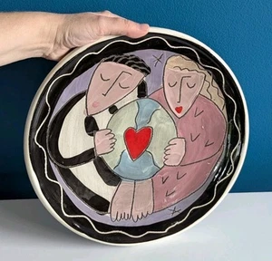 VTG Sandra Magsamen 12" Hand Made Ceramic Plate "Love Makes The World Go Around" - Picture 1 of 9