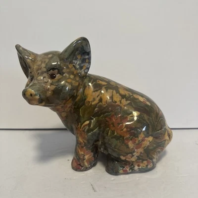 Vintage Porcelain Decoupage Floral Pig Figurine 6 1/2" Cute Sitting Pig, - Image 1 of 4