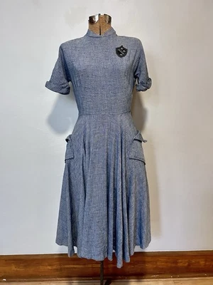 Vintage 1940s/50s Women’s Rainbow Chambray Fit & Flare Dress Envelope Pockets SM - Image 1 of 4