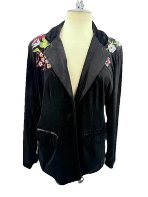 Colleen Lopez Womens Large Black Velvet Embroidered Floral Blazer Jacket Boho - Image 1 of 4