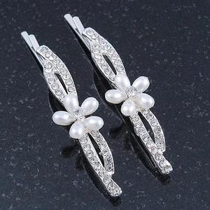2 Bridal/ Prom 'Crystal Leaves And Simulated Pearl Flower' Hair Grips/ Slides - Picture 1 of 6