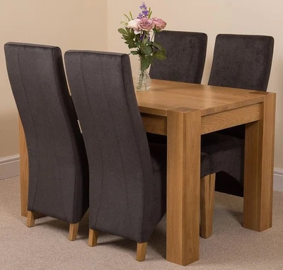 Solid Oak Dining Table 4 Chairs Set Dark Grey Fabric 125x80cm Modern - Image 1 of 4