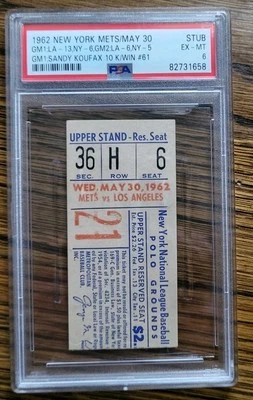 SANDY KOUFAX 10K WINS Game May 30, 1962 Ticket Stub PSA 6 Finest Ever Graded - Image 1 of 4