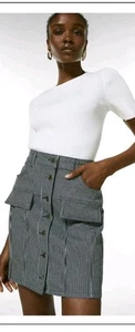 KAREN MILLEN Stripe Button Cargo Denim Skirt Size 8 Navy White - Picture 1 of 12