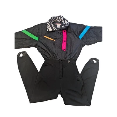 OBERMEYER Ski Suit Women's 10 Black Multicolor 80s Kracker Jax One Piece Neon - Image 1 of 4