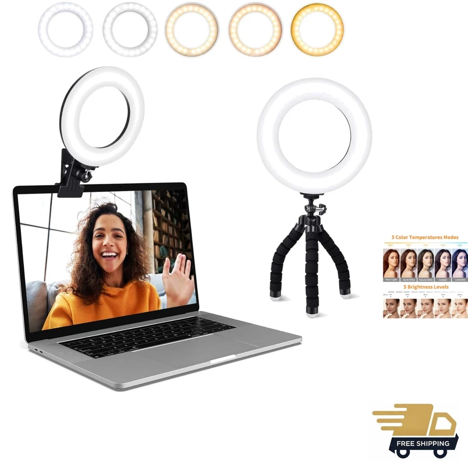 Video Conference Lighting Kit Ring Light Clip on Laptop Monitor With 5 Dimmab...
