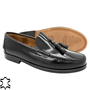 Zapatillas de hombre Slipper Business negras borlas mocasín suela de cuero cosida - Imagen 1 de 20