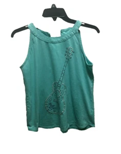 Justice Designer Exclusive Girls Top 16 Plus Sleeveless Stretch Aqua Stud Guitar - Picture 1 of 4
